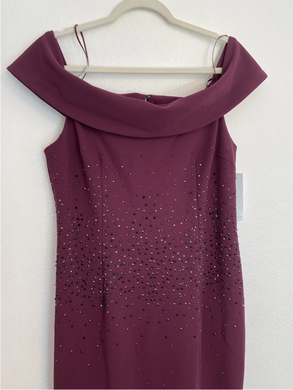 NWT Teri Jon Rickie Freeman Off Shldr Gown Purple Rhinestone Sz 14 Stretch Prom